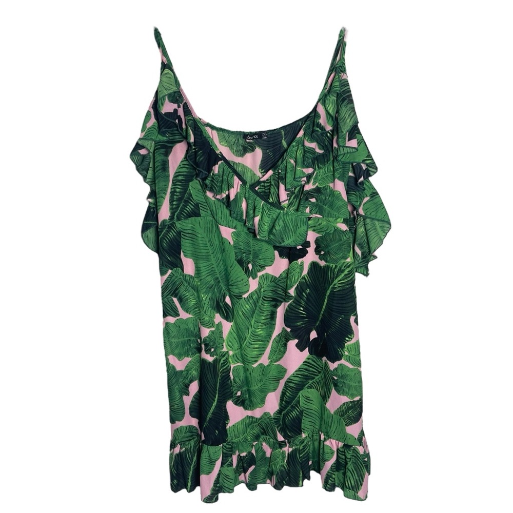 Boohoo Pink and Green Leaf Print Cold Shoulder Dress